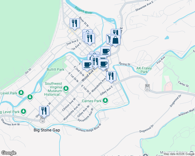 map of restaurants, bars, coffee shops, grocery stores, and more near 116 E 3rd St S in Big Stone Gap
