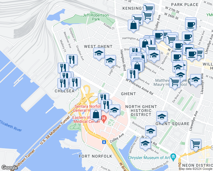 map of restaurants, bars, coffee shops, grocery stores, and more near 910 Greenway Court in Norfolk