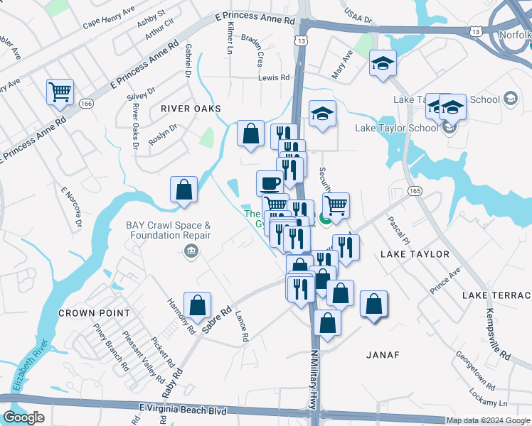 map of restaurants, bars, coffee shops, grocery stores, and more near 1245 North Military Highway in Norfolk