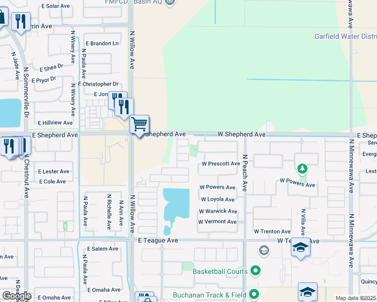 map of restaurants, bars, coffee shops, grocery stores, and more near 627 West Milano Lane in Clovis