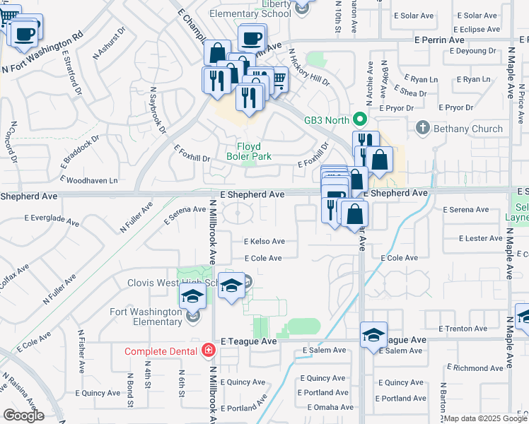 map of restaurants, bars, coffee shops, grocery stores, and more near 1161 East Shepherd Avenue in Fresno