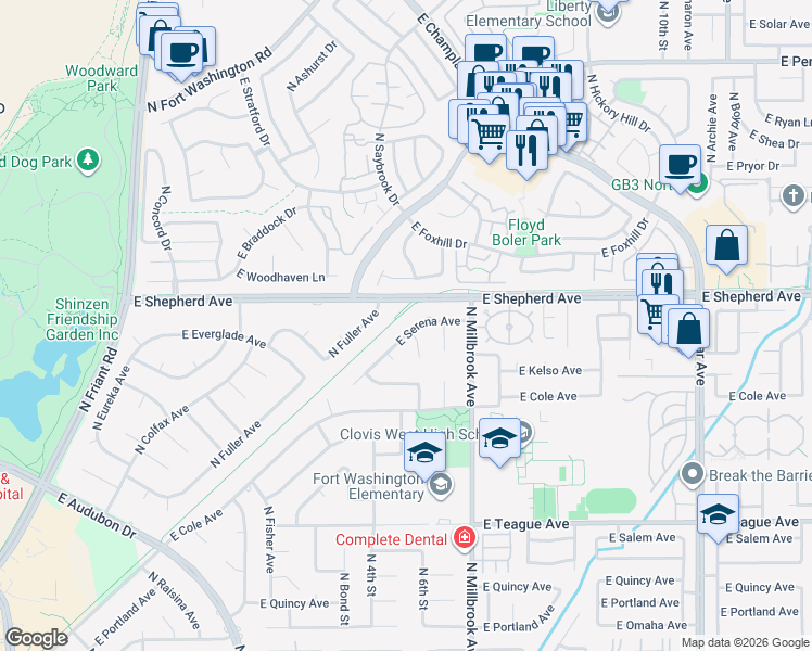 map of restaurants, bars, coffee shops, grocery stores, and more near 824 East Serena Avenue in Fresno