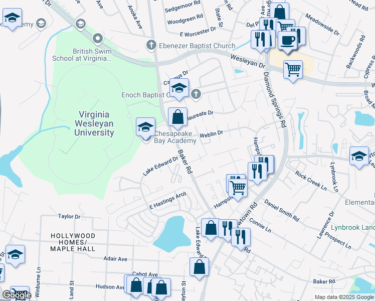 map of restaurants, bars, coffee shops, grocery stores, and more near 741 Gourmet Way in Virginia Beach
