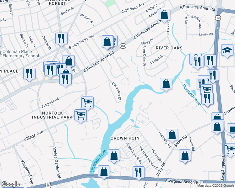 map of restaurants, bars, coffee shops, grocery stores, and more near 1328 East Norcova Drive in Norfolk