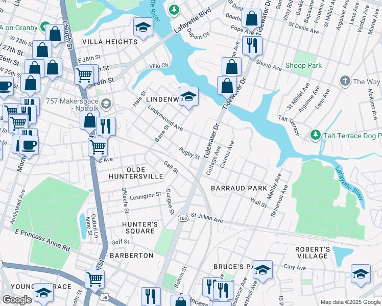 map of restaurants, bars, coffee shops, grocery stores, and more near 2403 Ruffin Street in Norfolk