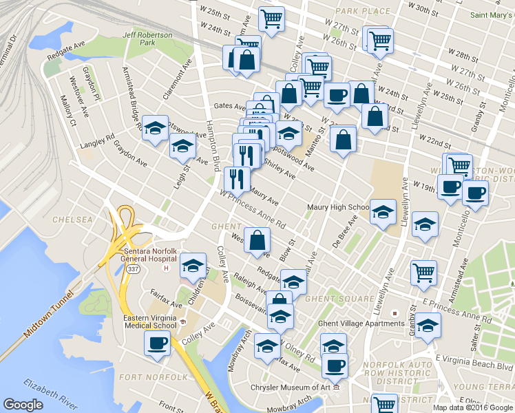 map of restaurants, bars, coffee shops, grocery stores, and more near 714 West Princess Anne Road in Norfolk