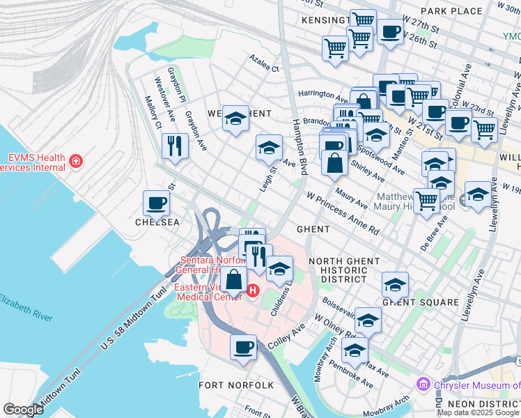 map of restaurants, bars, coffee shops, grocery stores, and more near 930 Greenway Court in Norfolk