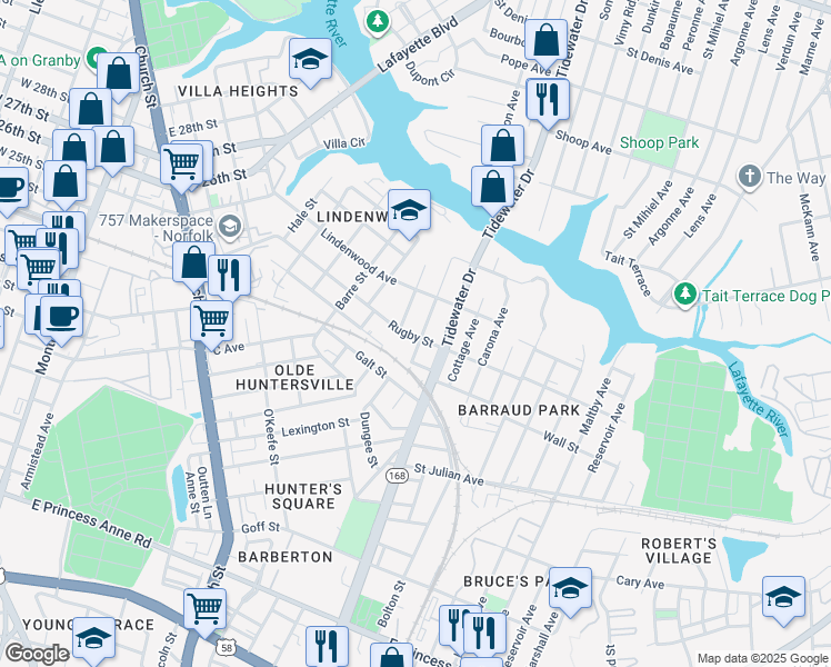 map of restaurants, bars, coffee shops, grocery stores, and more near 2403 Ruffin Street in Norfolk