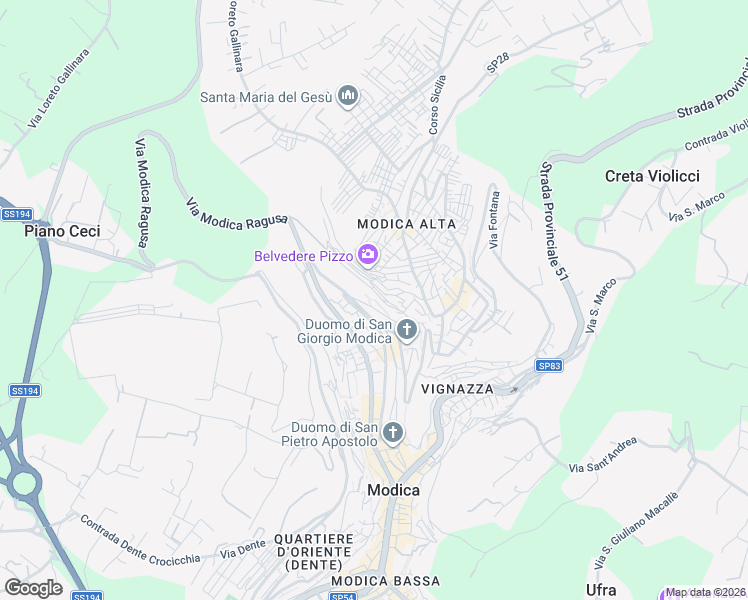 map of restaurants, bars, coffee shops, grocery stores, and more near 191 Via Sigona in Modica