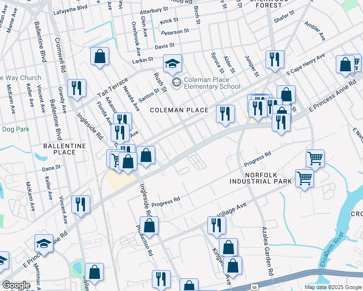map of restaurants, bars, coffee shops, grocery stores, and more near 1519 Palmetto Street in Norfolk