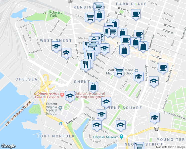map of restaurants, bars, coffee shops, grocery stores, and more near 726 West Princess Anne Road in Norfolk