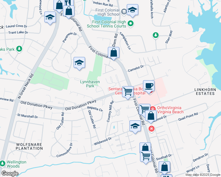 map of restaurants, bars, coffee shops, grocery stores, and more near 1020 Enterprise Court in Virginia Beach