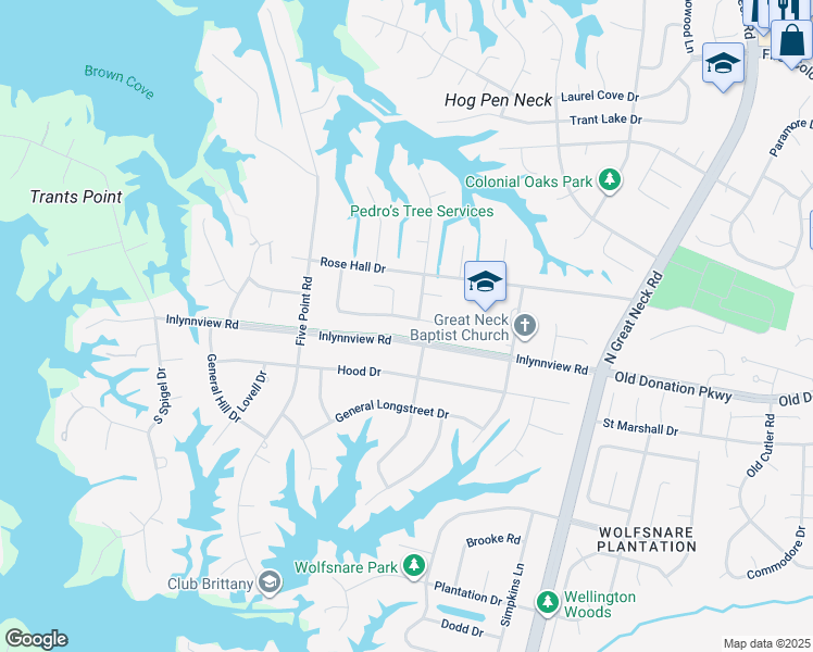 map of restaurants, bars, coffee shops, grocery stores, and more near 2421 Blue Castle Lane in Virginia Beach