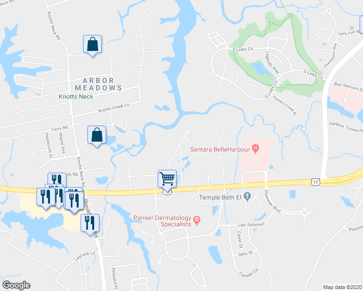 map of restaurants, bars, coffee shops, grocery stores, and more near 3882 Bridge Road in Suffolk