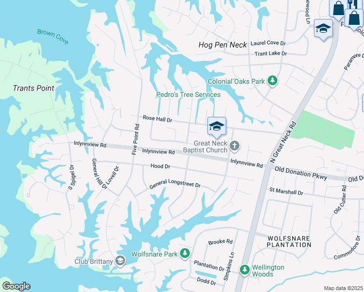 map of restaurants, bars, coffee shops, grocery stores, and more near 2421 Blue Castle Lane in Virginia Beach