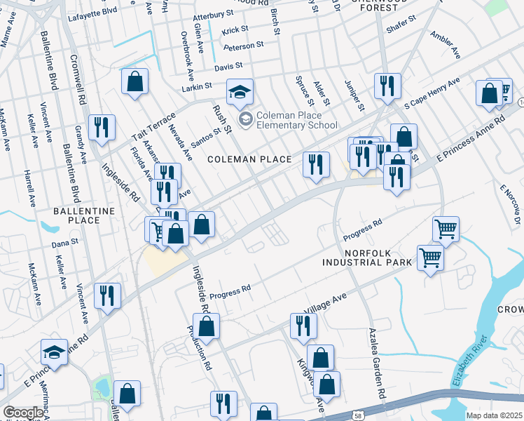 map of restaurants, bars, coffee shops, grocery stores, and more near 1519 Palmetto Street in Norfolk