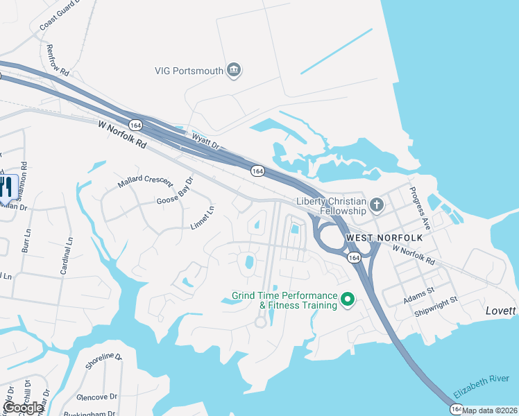 map of restaurants, bars, coffee shops, grocery stores, and more near 4406-C West Norfolk Road in Portsmouth
