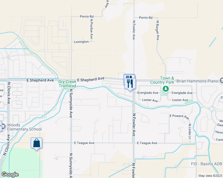 map of restaurants, bars, coffee shops, grocery stores, and more near 1652 Glen Dunbar Lane in Clovis