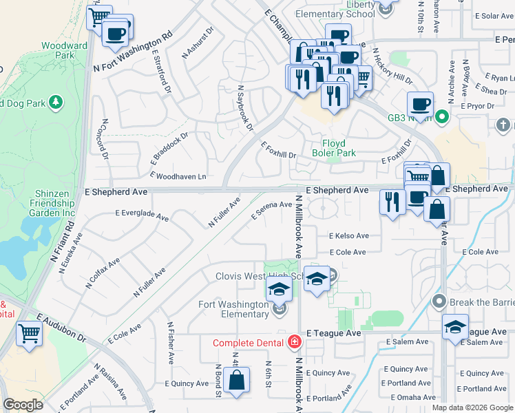 map of restaurants, bars, coffee shops, grocery stores, and more near 824 East Serena Avenue in Fresno