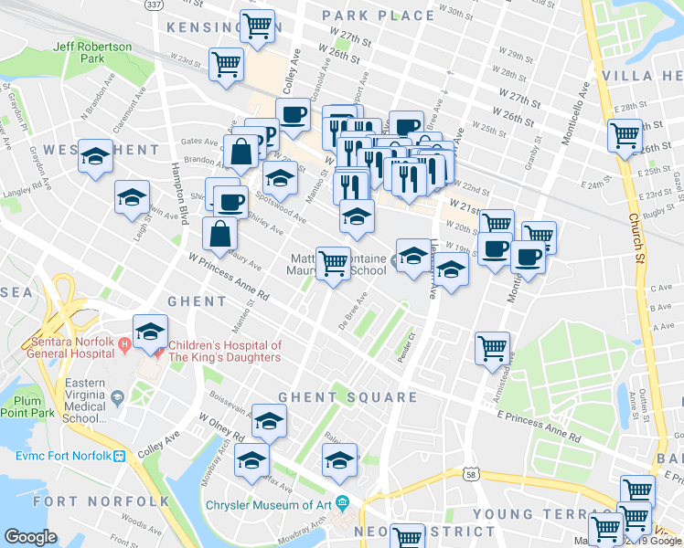 map of restaurants, bars, coffee shops, grocery stores, and more near 1420 Colonial Avenue in Norfolk