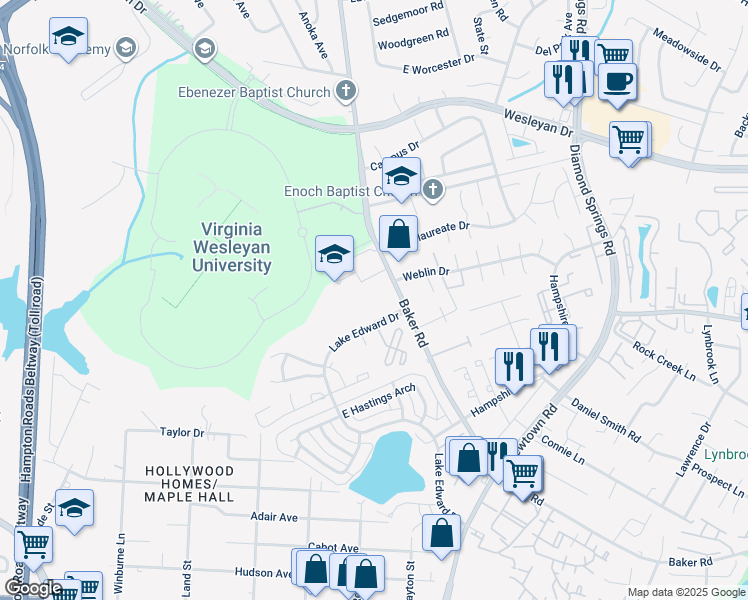 map of restaurants, bars, coffee shops, grocery stores, and more near 5741 University Place in Virginia Beach