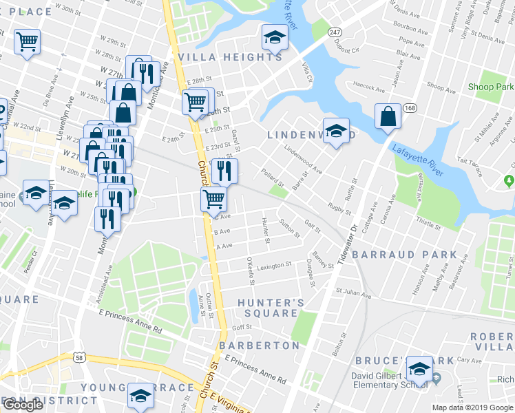 map of restaurants, bars, coffee shops, grocery stores, and more near 834 C Avenue in Norfolk