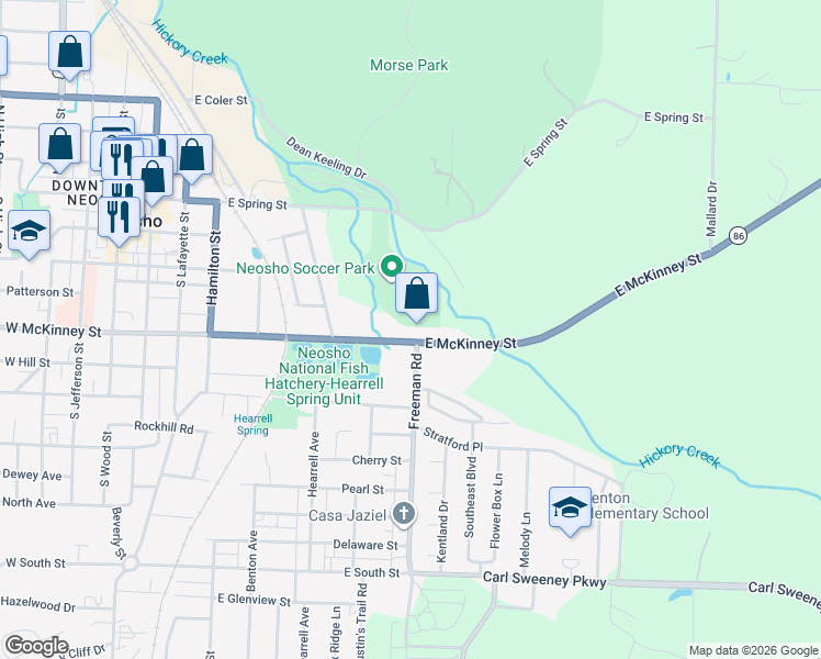 map of restaurants, bars, coffee shops, grocery stores, and more near 736 East McKinney Street in Neosho