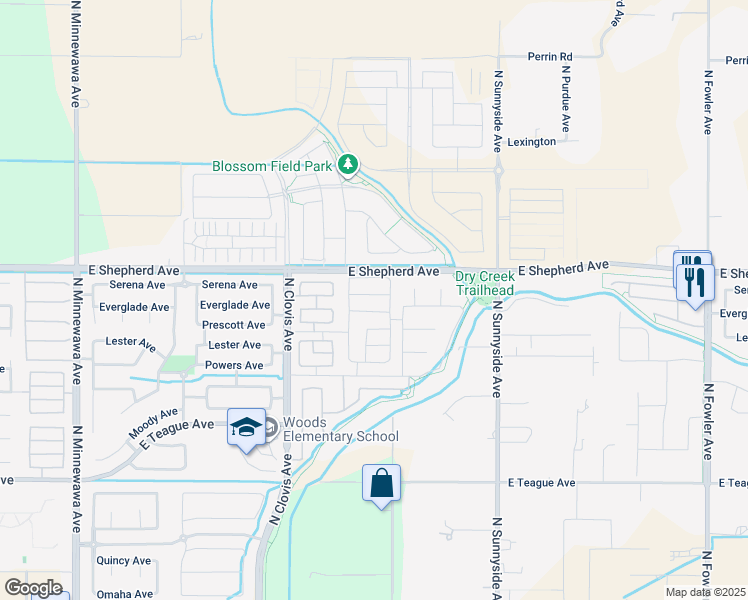 map of restaurants, bars, coffee shops, grocery stores, and more near 960 Everglade Avenue in Clovis
