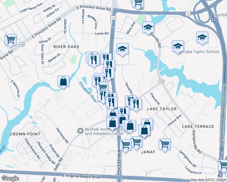 map of restaurants, bars, coffee shops, grocery stores, and more near 1245 North Military Highway in Norfolk