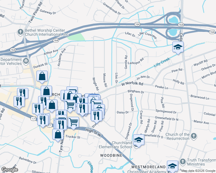 map of restaurants, bars, coffee shops, grocery stores, and more near 5608 West Norfolk Road in Portsmouth
