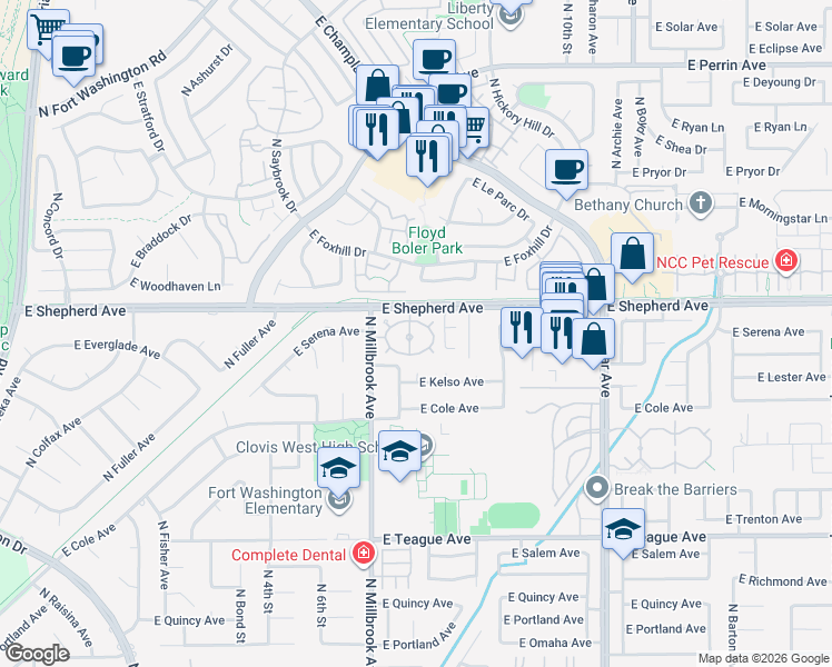 map of restaurants, bars, coffee shops, grocery stores, and more near 1094 East Monticello Circle in Fresno
