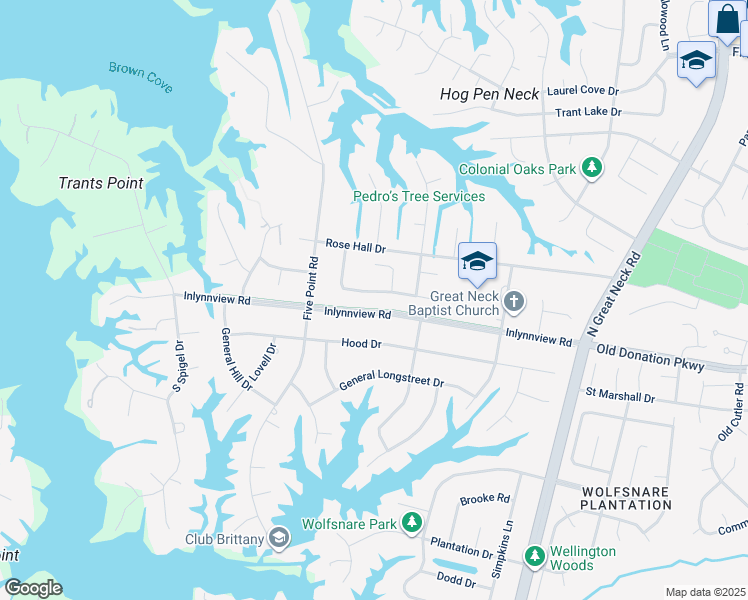 map of restaurants, bars, coffee shops, grocery stores, and more near 2433 Blue Castle Lane in Virginia Beach