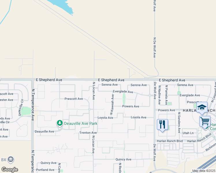 map of restaurants, bars, coffee shops, grocery stores, and more near 3080 Serena Avenue in Clovis