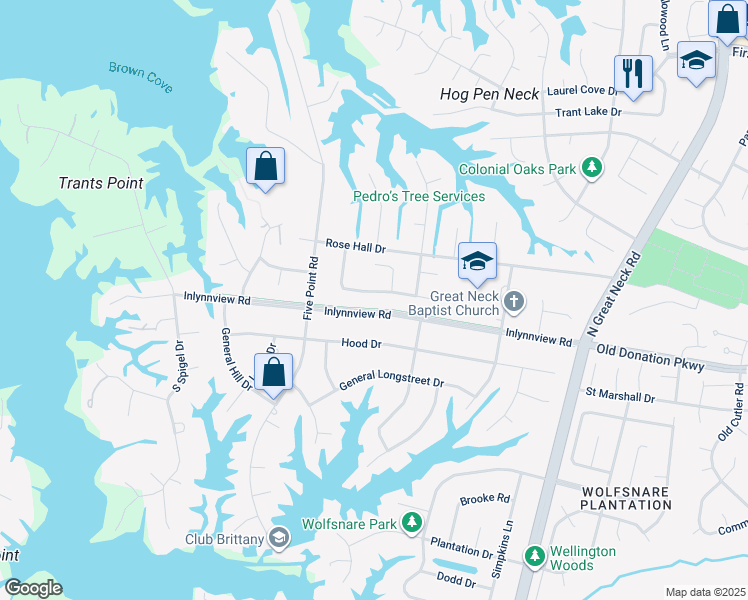 map of restaurants, bars, coffee shops, grocery stores, and more near 2433 Blue Castle Lane in Virginia Beach