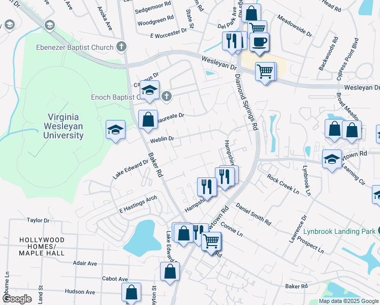 map of restaurants, bars, coffee shops, grocery stores, and more near 5652 Dodington Court in Virginia Beach
