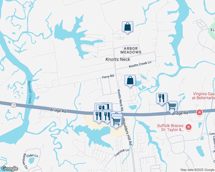 map of restaurants, bars, coffee shops, grocery stores, and more near 5913 Wayne Avenue in Suffolk