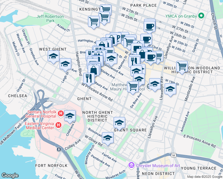 map of restaurants, bars, coffee shops, grocery stores, and more near 622 Maury Avenue in Norfolk