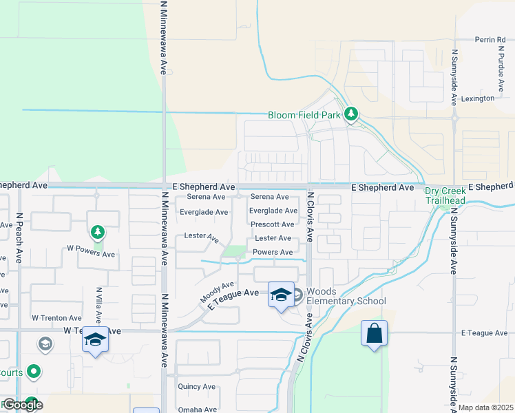 map of restaurants, bars, coffee shops, grocery stores, and more near 487 Everglade Avenue in Clovis