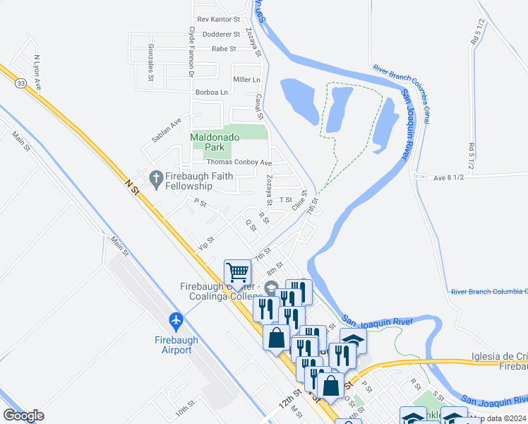 map of restaurants, bars, coffee shops, grocery stores, and more near 537 R Street in Firebaugh