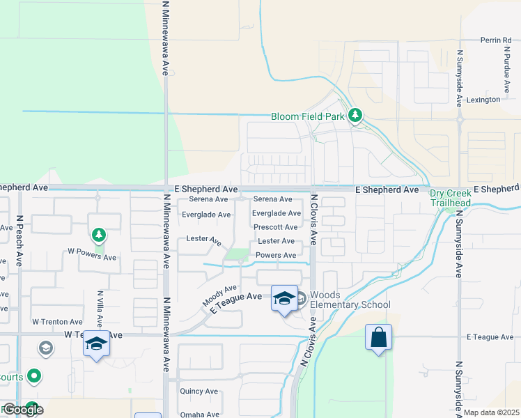 map of restaurants, bars, coffee shops, grocery stores, and more near 487 Everglade Avenue in Clovis
