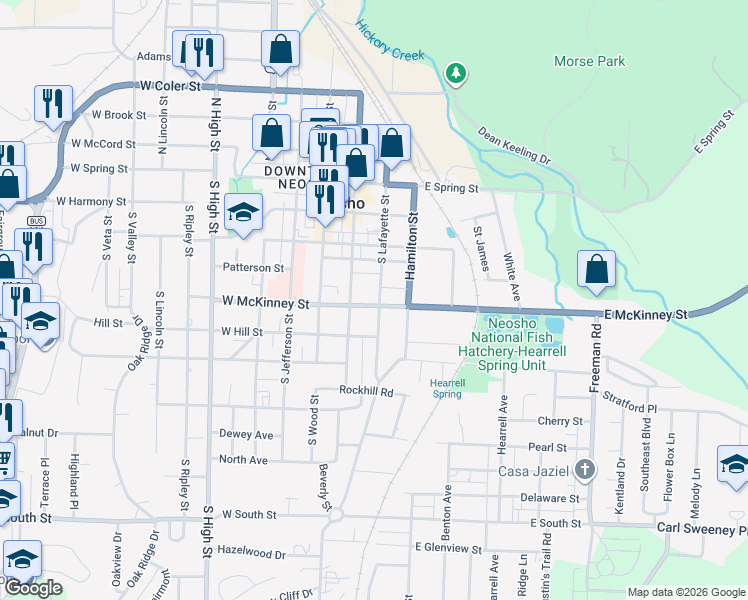 map of restaurants, bars, coffee shops, grocery stores, and more near 220 East McKinney Street in Neosho