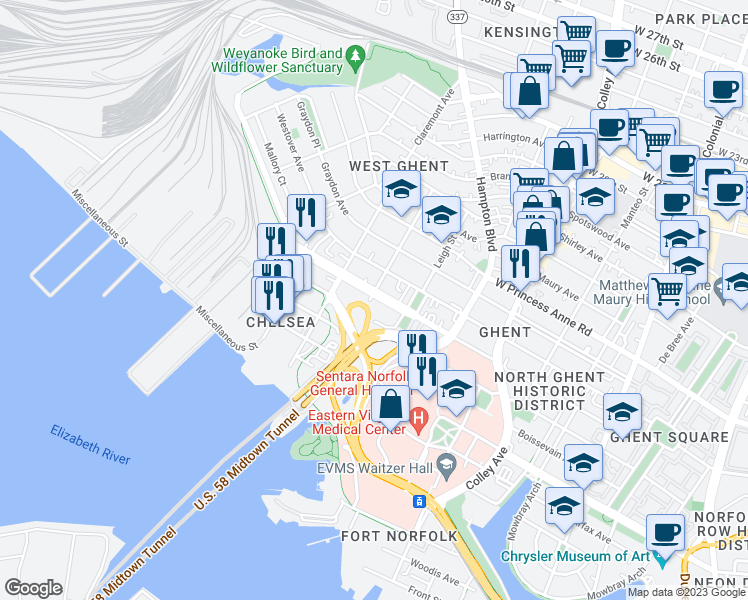 map of restaurants, bars, coffee shops, grocery stores, and more near 1041 Redgate Avenue in Norfolk