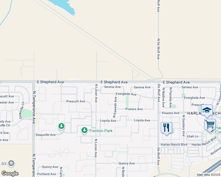 map of restaurants, bars, coffee shops, grocery stores, and more near 3080 Serena Avenue in Clovis