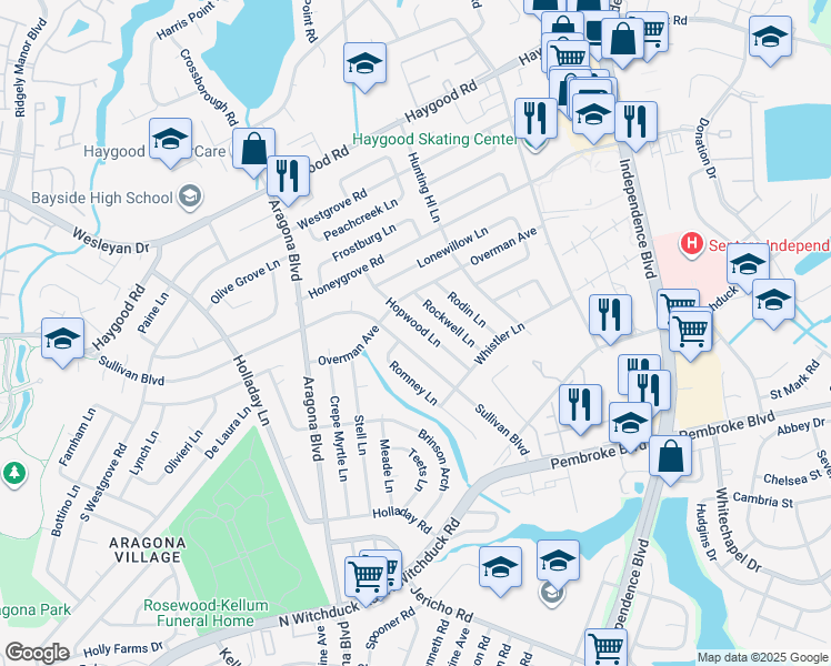 map of restaurants, bars, coffee shops, grocery stores, and more near 869 Hopwood Lane in Virginia Beach