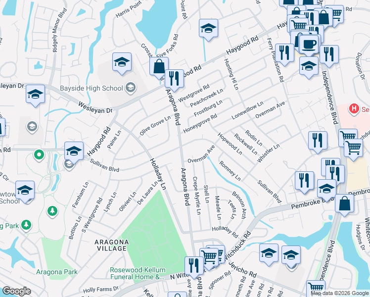 map of restaurants, bars, coffee shops, grocery stores, and more near 848 Aragona Boulevard in Virginia Beach