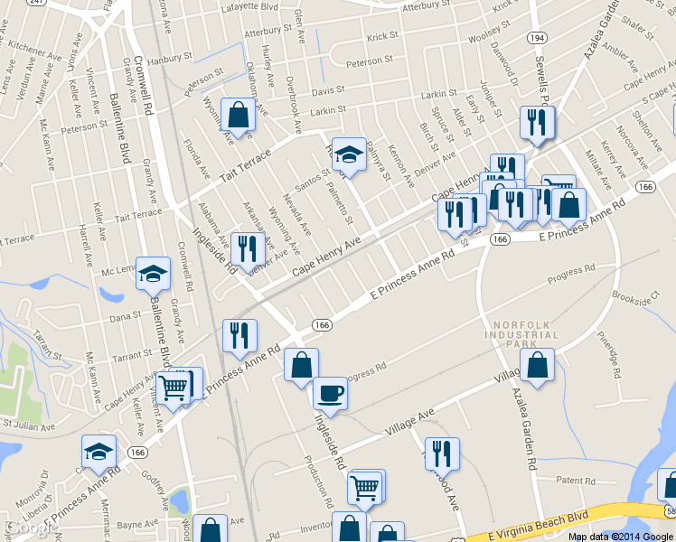 map of restaurants, bars, coffee shops, grocery stores, and more near 1536 Nevada Avenue in Norfolk