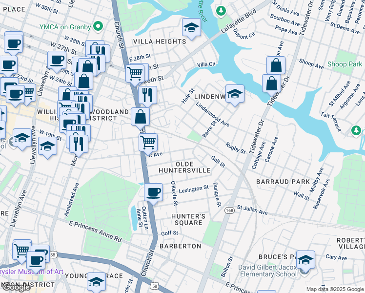 map of restaurants, bars, coffee shops, grocery stores, and more near 870 C Avenue in Norfolk