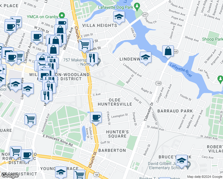 map of restaurants, bars, coffee shops, grocery stores, and more near 810 C Avenue in Norfolk