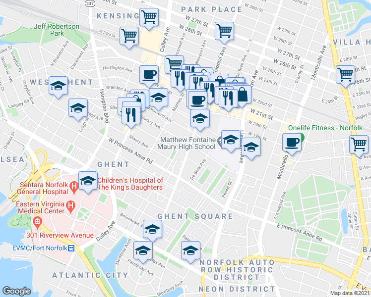 map of restaurants, bars, coffee shops, grocery stores, and more near 1420 Colonial Avenue in Norfolk