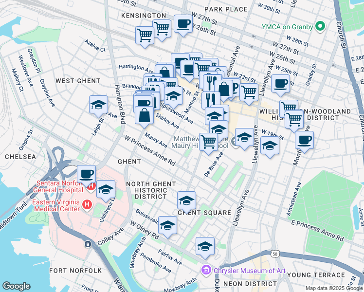 map of restaurants, bars, coffee shops, grocery stores, and more near 1310 Stockley Gardens in Norfolk